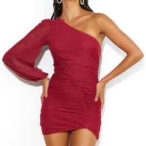 Hello Molly One-Shoulder Ruched Mini Dress - Wine Red